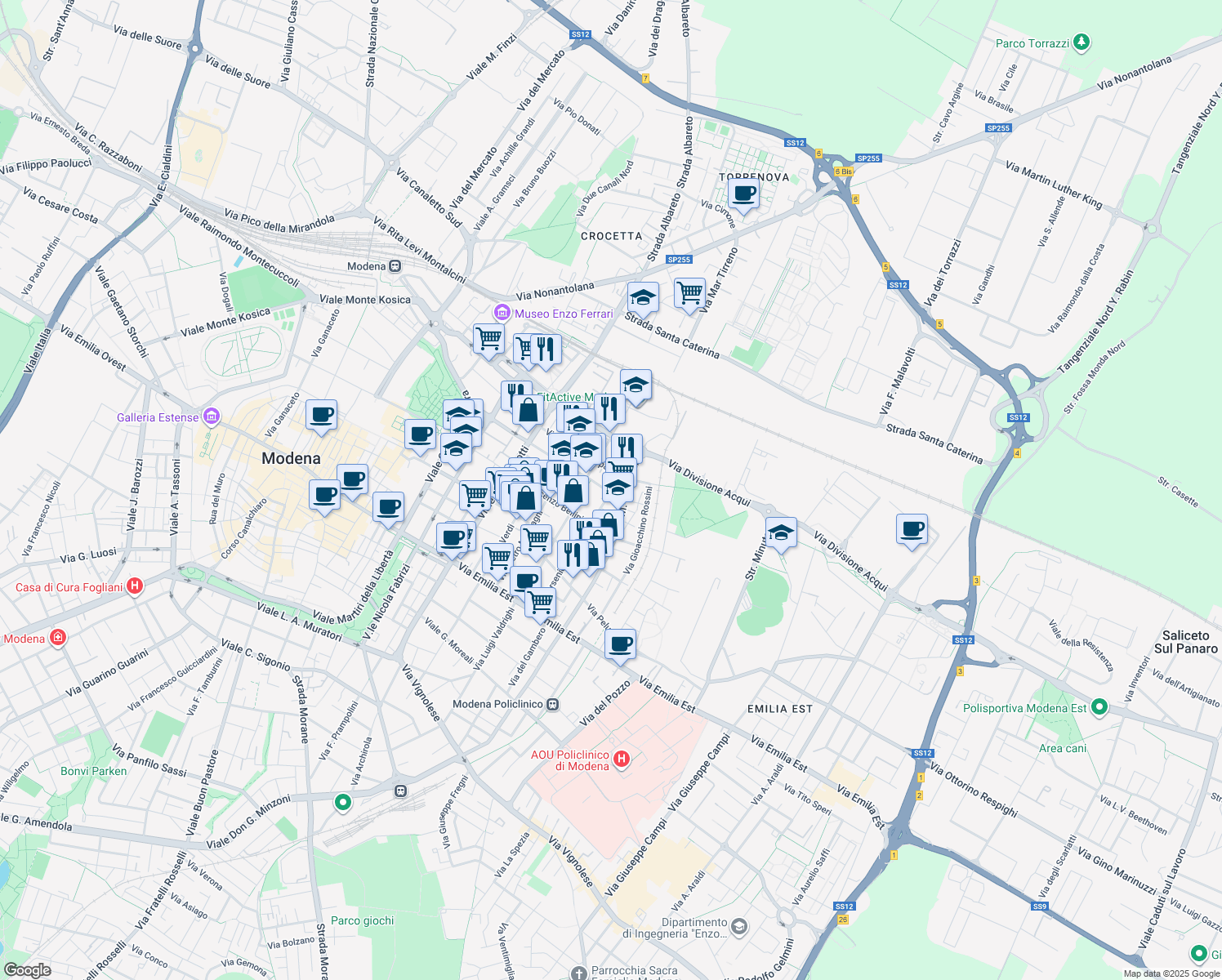 map of restaurants, bars, coffee shops, grocery stores, and more near 251 Via Mario Bonacini in Modena