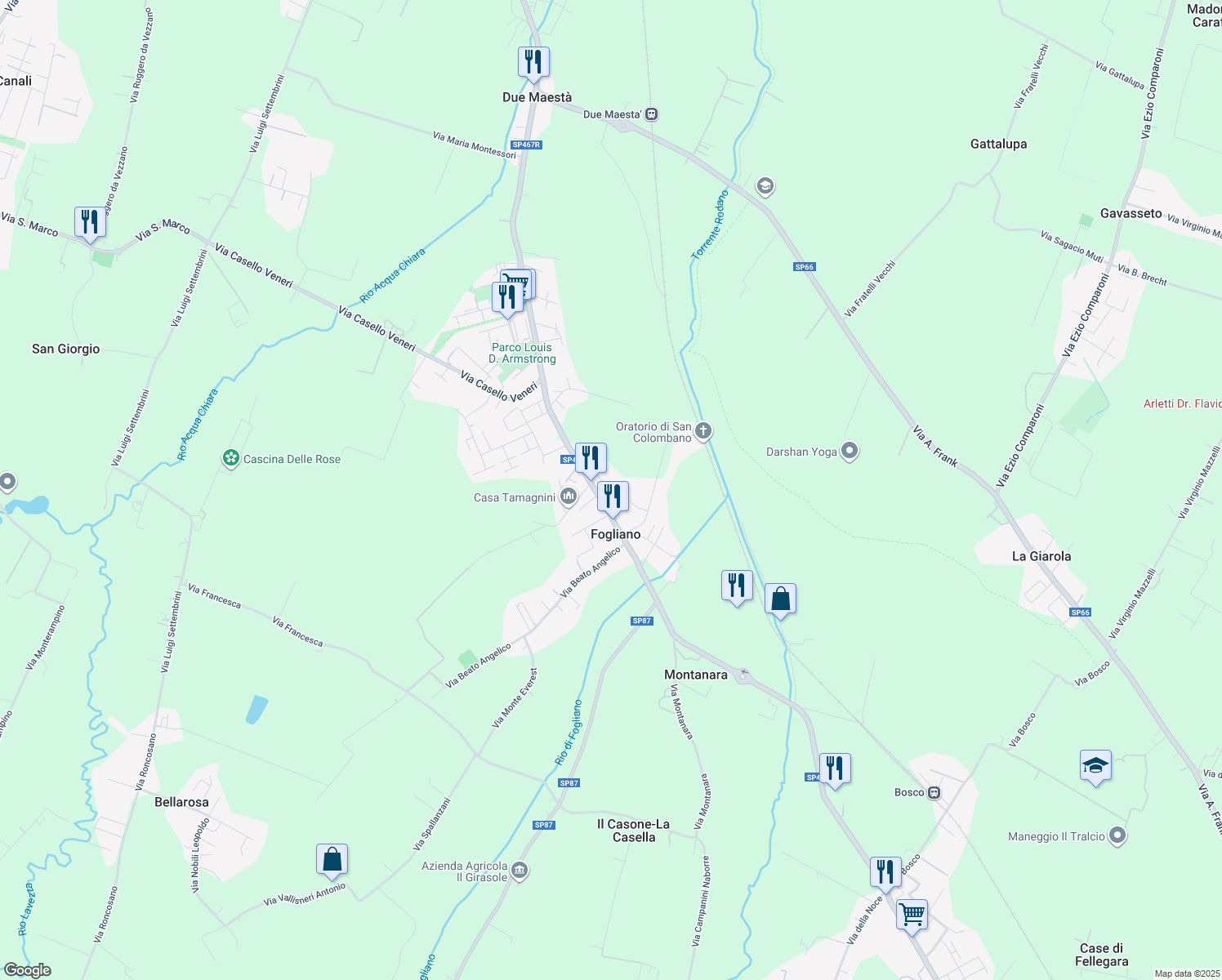map of restaurants, bars, coffee shops, grocery stores, and more near 20 Via William Bertoni in Fogliano