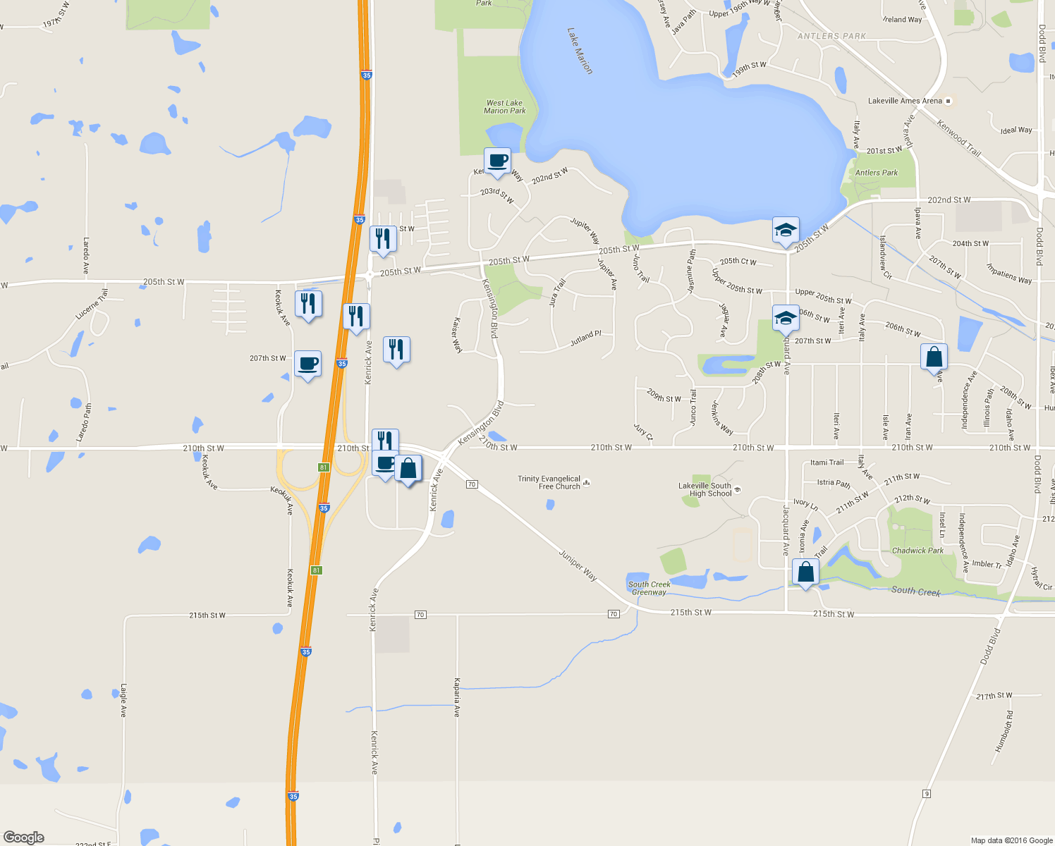 map of restaurants, bars, coffee shops, grocery stores, and more near 20860 Kenbridge Court in Lakeville