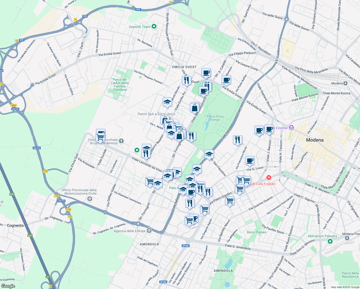 map of restaurants, bars, coffee shops, grocery stores, and more near 35 Strada Formigina in Modena
