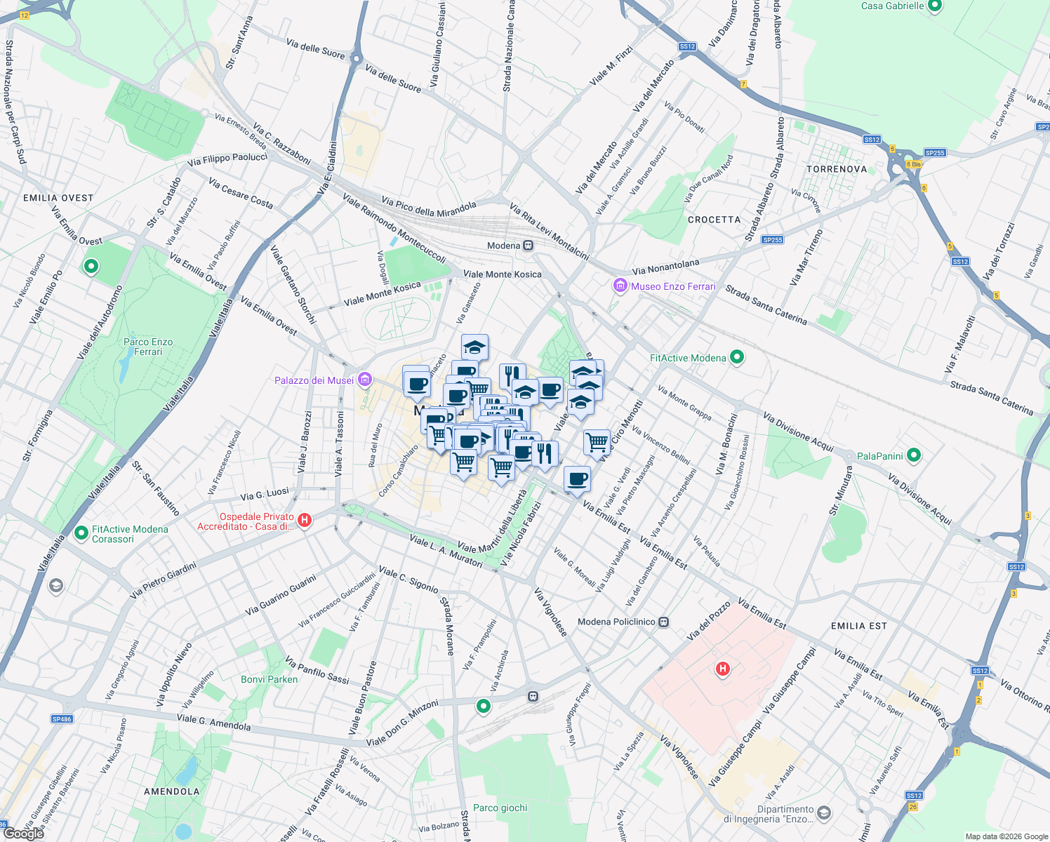 map of restaurants, bars, coffee shops, grocery stores, and more near 27-43 Via delle Carmelitane Scalze in Modena