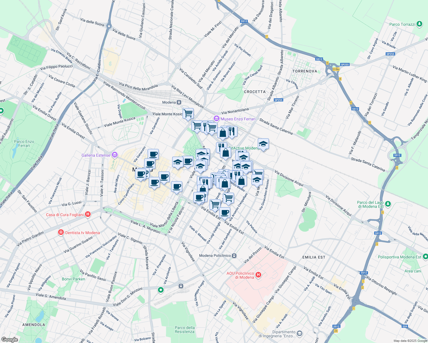 map of restaurants, bars, coffee shops, grocery stores, and more near 3 Via Giulio Reggianini in Modena
