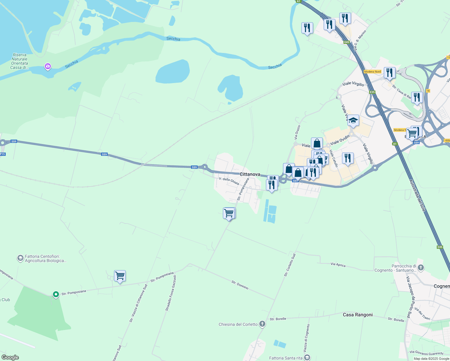 map of restaurants, bars, coffee shops, grocery stores, and more near 1583 Via Emilia Ovest in Cittanova