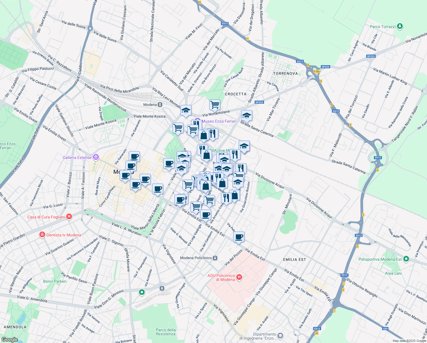 map of restaurants, bars, coffee shops, grocery stores, and more near 197 Viale G. Verdi in Modena