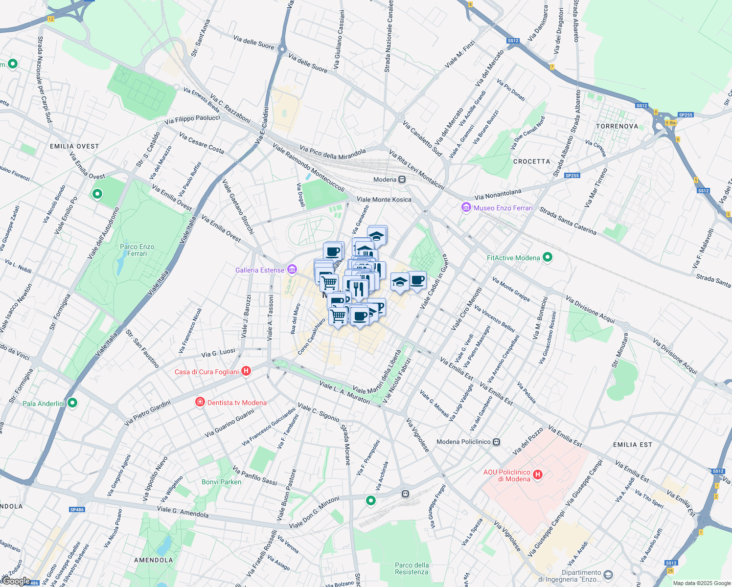 map of restaurants, bars, coffee shops, grocery stores, and more near 27 Via Del Taglio in Modena