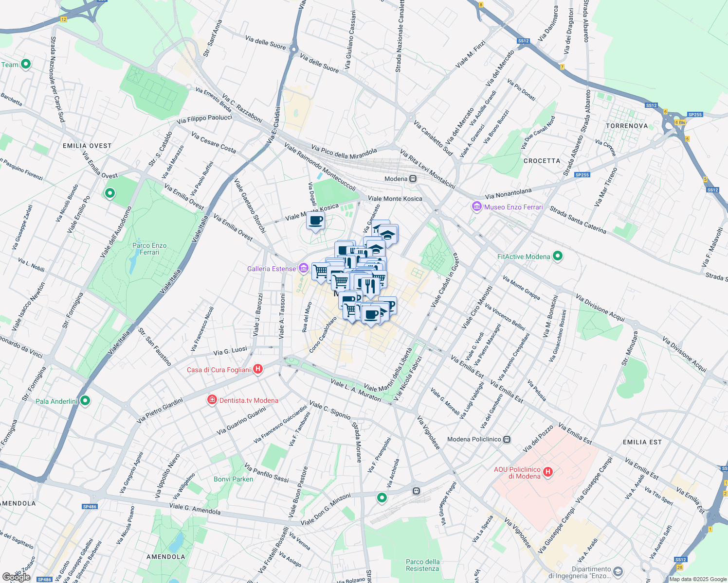 map of restaurants, bars, coffee shops, grocery stores, and more near 24 Via Francesco Rismondo in Modena