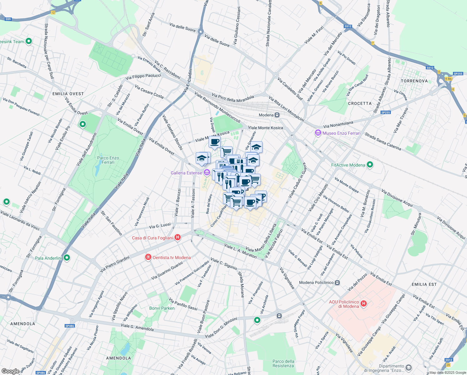 map of restaurants, bars, coffee shops, grocery stores, and more near in Modena