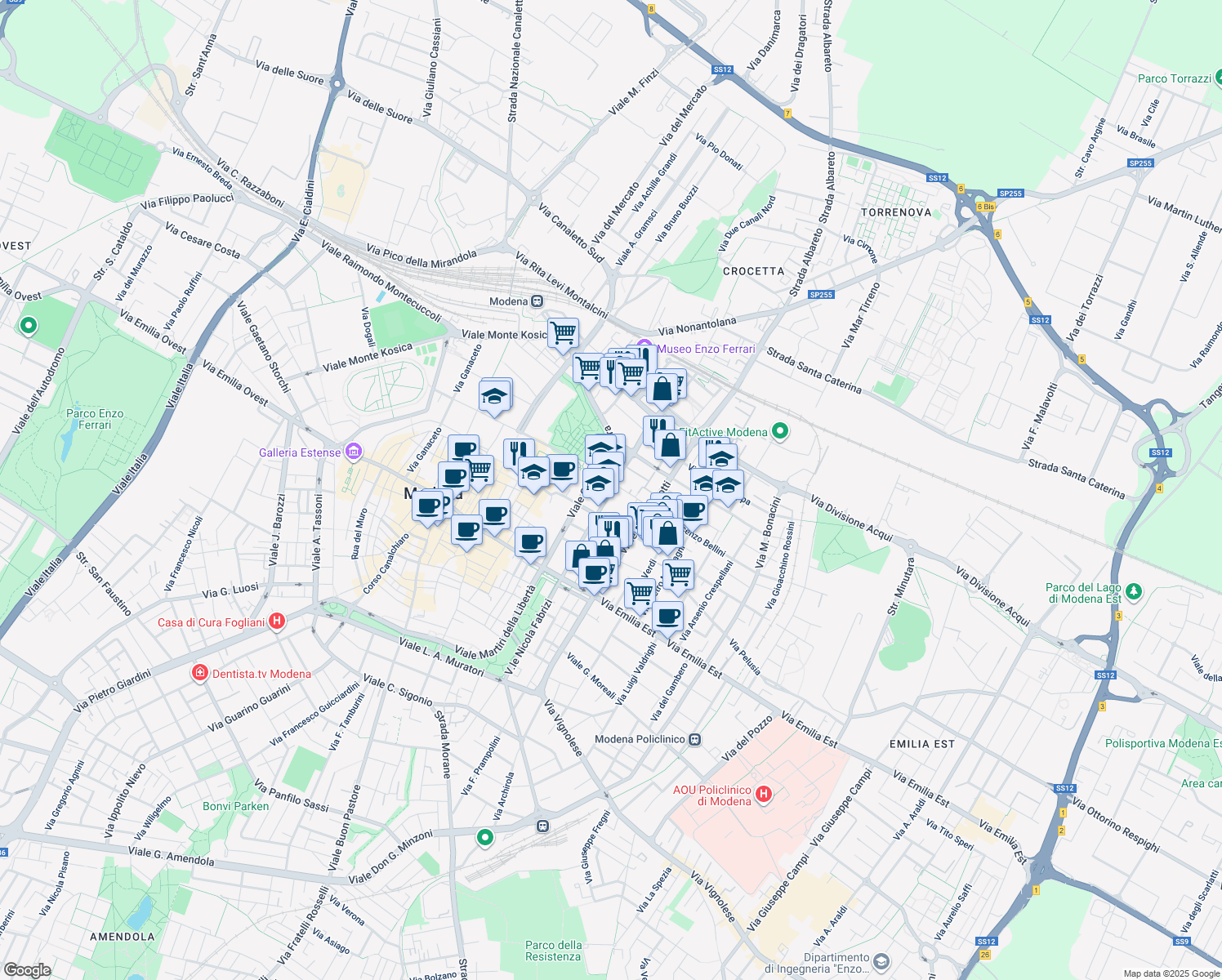 map of restaurants, bars, coffee shops, grocery stores, and more near 3 Via Giulio Reggianini in Modena
