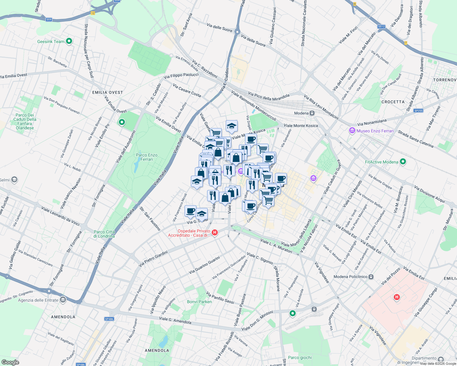 map of restaurants, bars, coffee shops, grocery stores, and more near 14 Via Giuseppe Campori in Modena