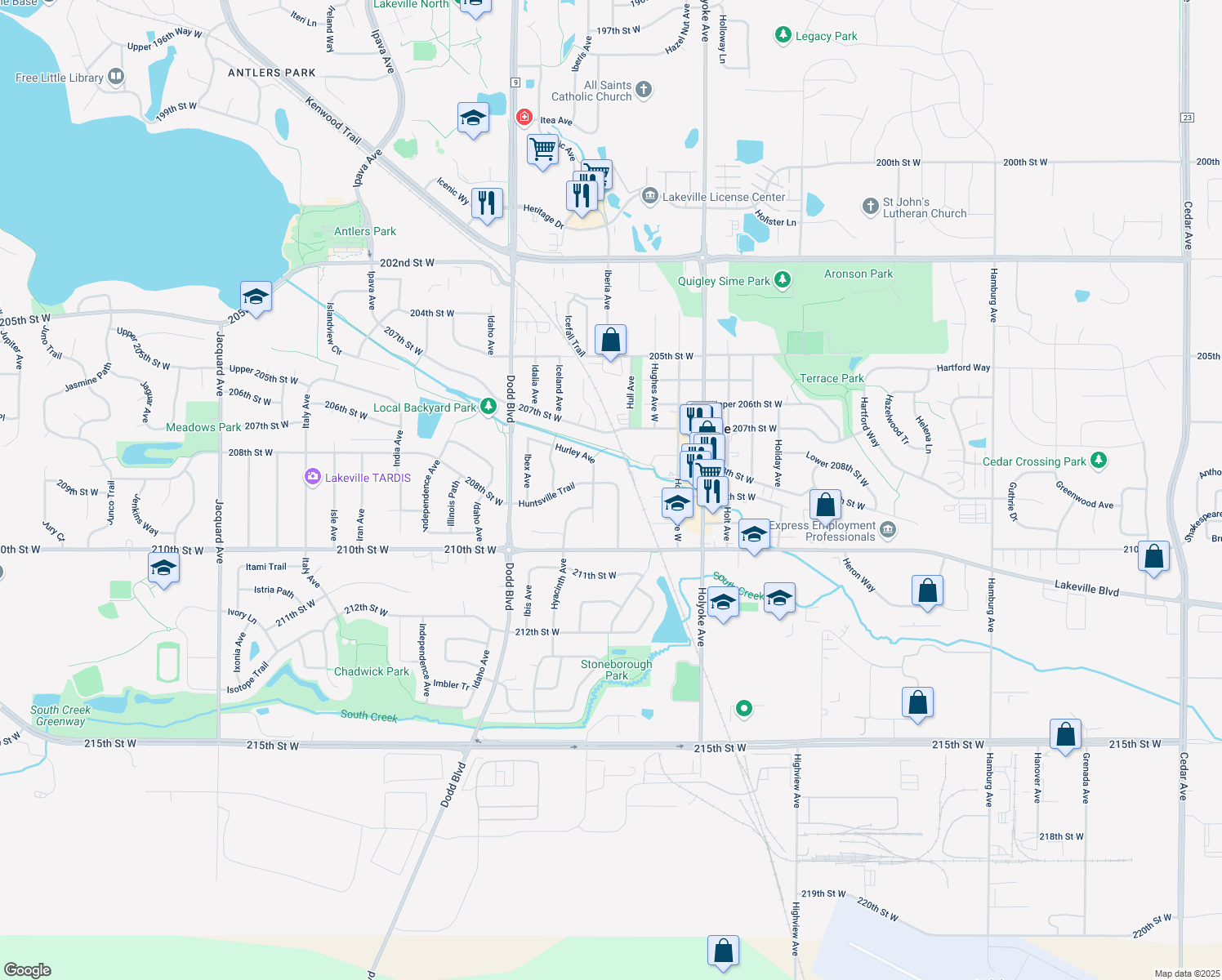 map of restaurants, bars, coffee shops, grocery stores, and more near 20961 Huntsville Trail in Lakeville