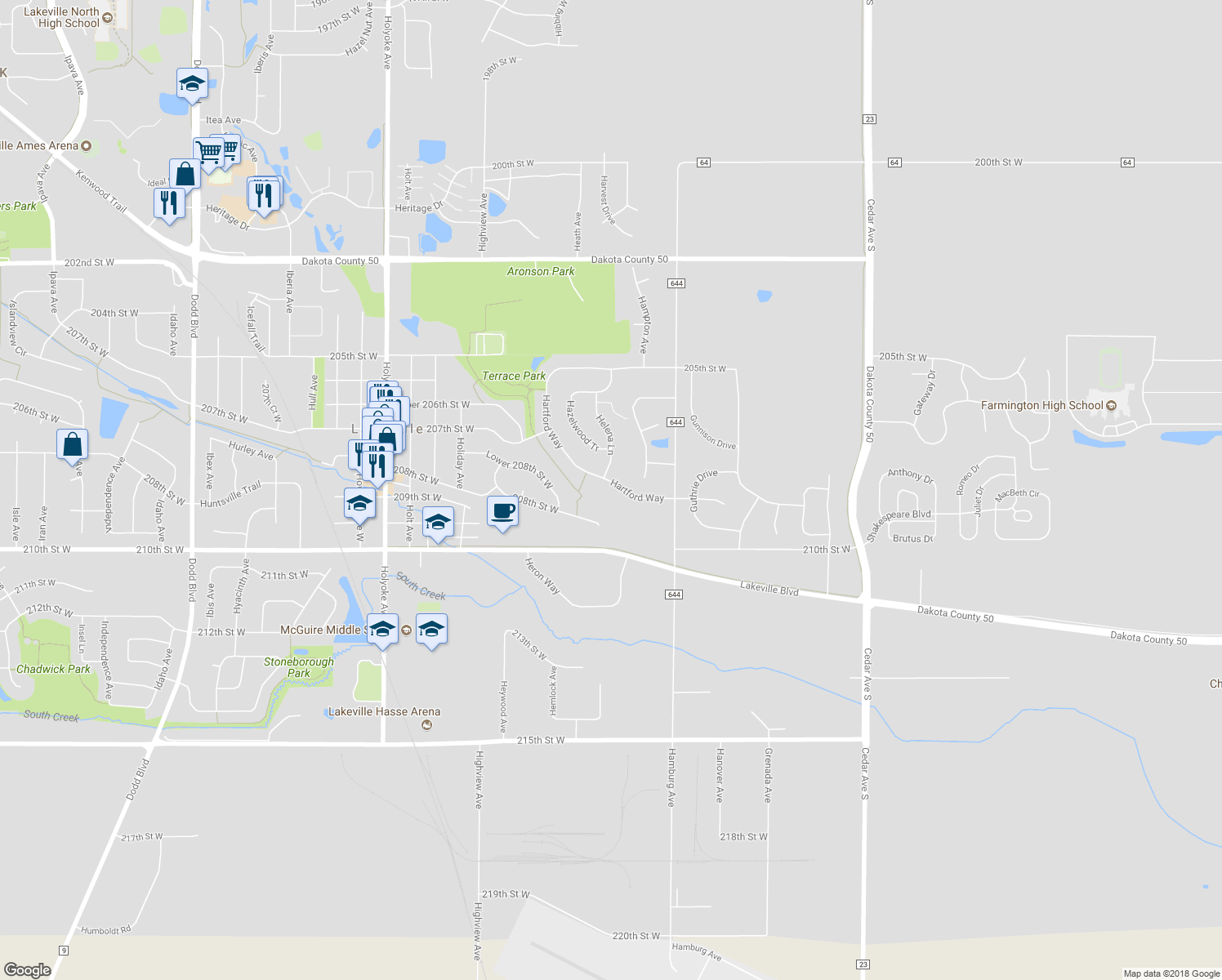 map of restaurants, bars, coffee shops, grocery stores, and more near 20767 Hartford Way in Lakeville
