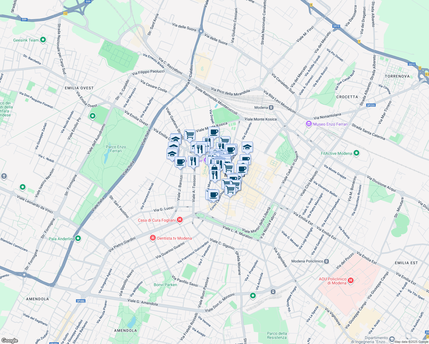map of restaurants, bars, coffee shops, grocery stores, and more near 329-339 Largo Porta Sant'Agostino in Modena