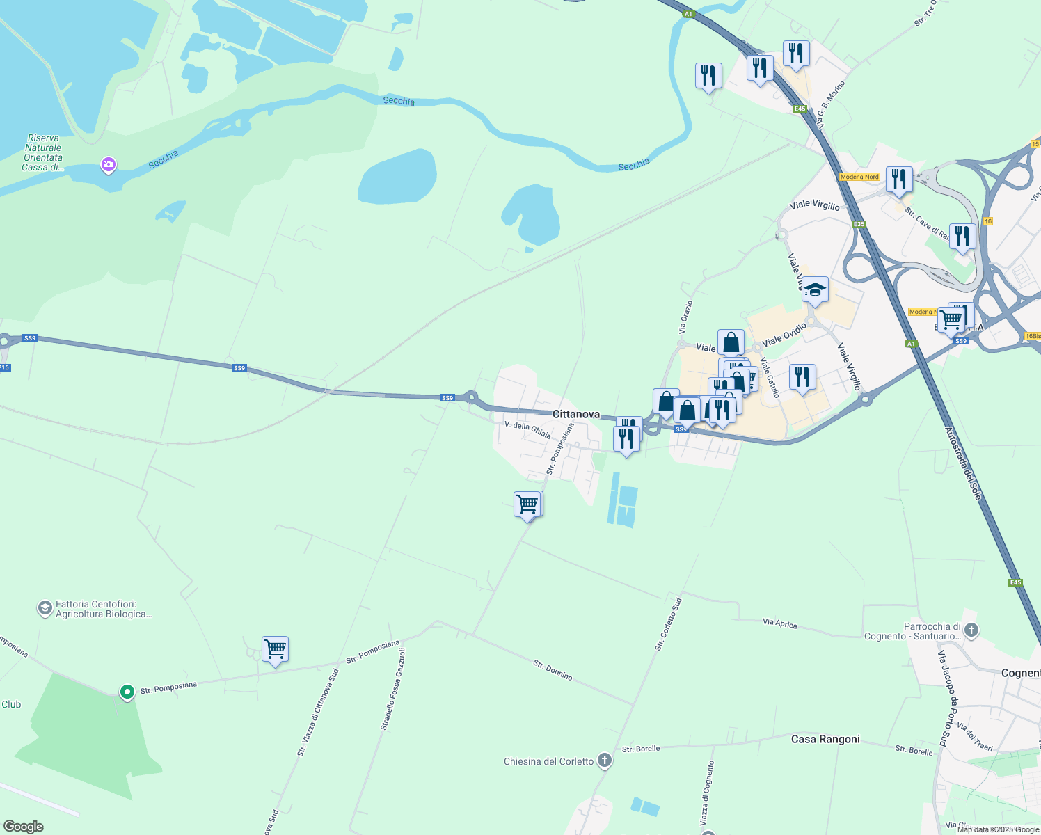 map of restaurants, bars, coffee shops, grocery stores, and more near 1583 Via Emilia Ovest in Cittanova