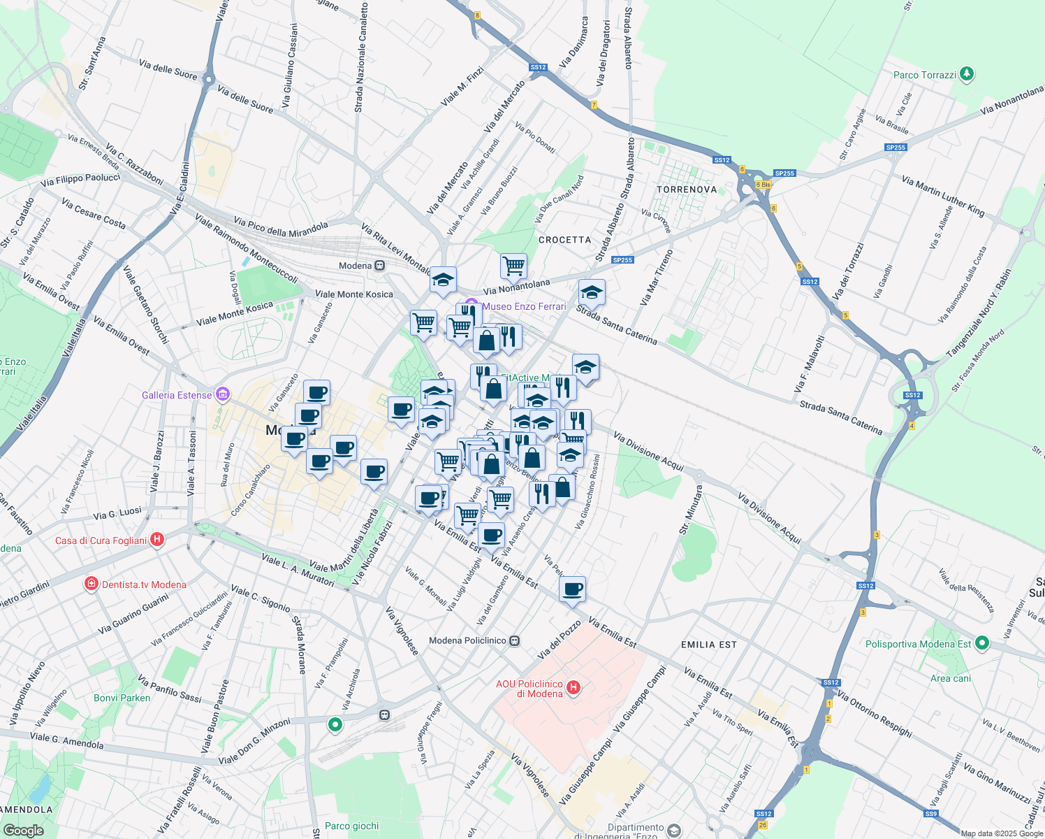 map of restaurants, bars, coffee shops, grocery stores, and more near 26 Via Monte Grappa in Modena