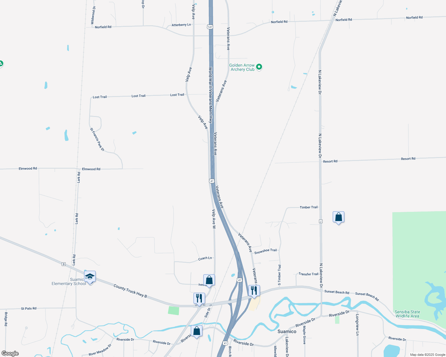 map of restaurants, bars, coffee shops, grocery stores, and more near 3880 Veterans Avenue in Suamico