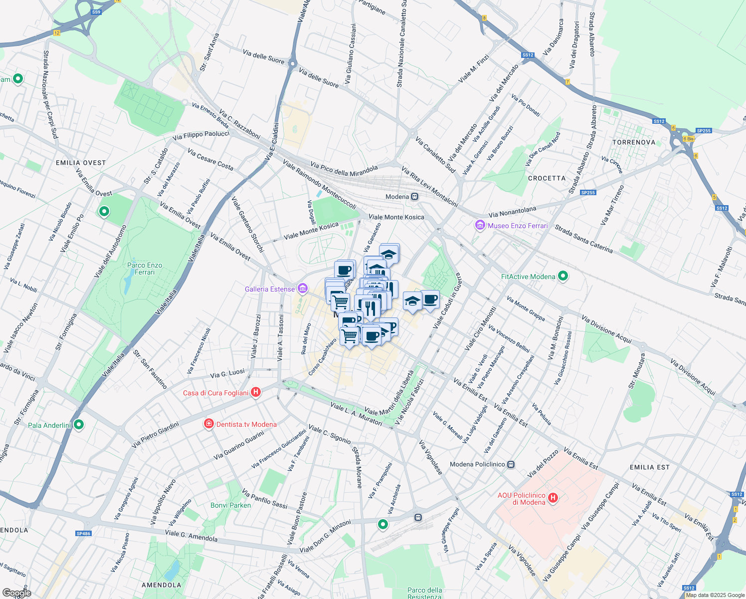 map of restaurants, bars, coffee shops, grocery stores, and more near 27 Via Del Taglio in Modena