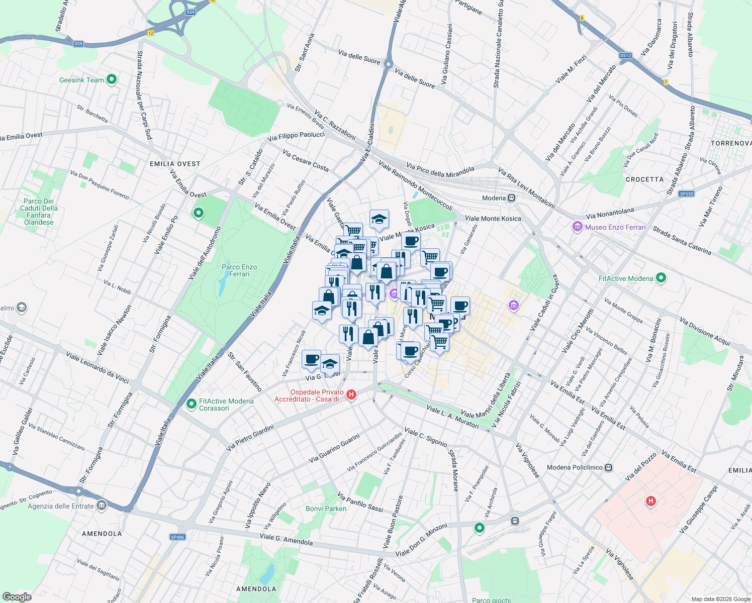 map of restaurants, bars, coffee shops, grocery stores, and more near 14-20 Via Giuseppe Campori in Modena