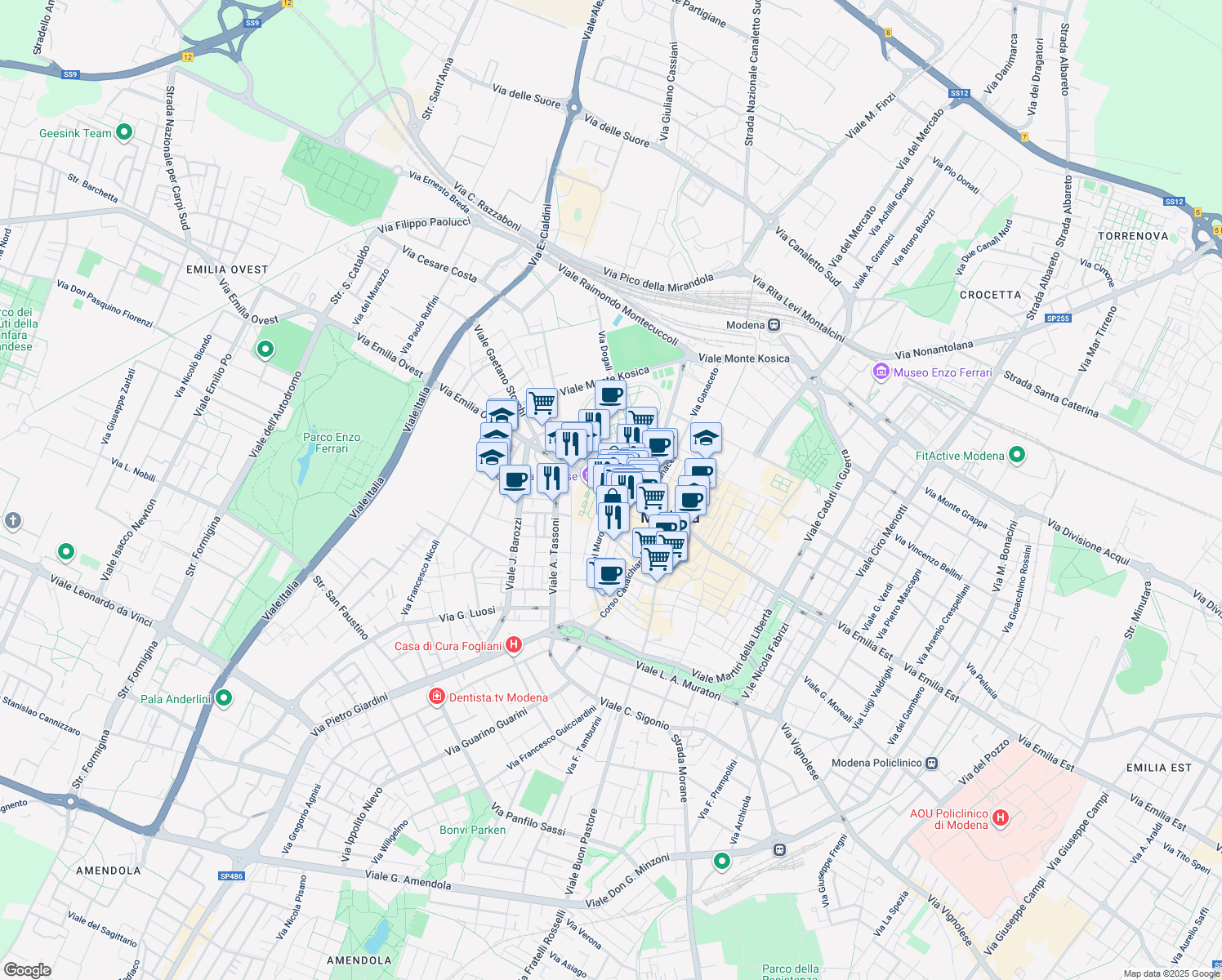 map of restaurants, bars, coffee shops, grocery stores, and more near 339 Largo Porta Sant'Agostino in Modena
