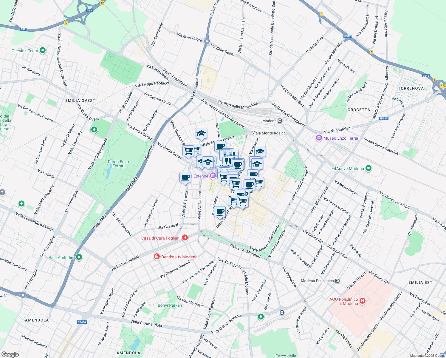 map of restaurants, bars, coffee shops, grocery stores, and more near 21 Via Castel Maraldo in Modena