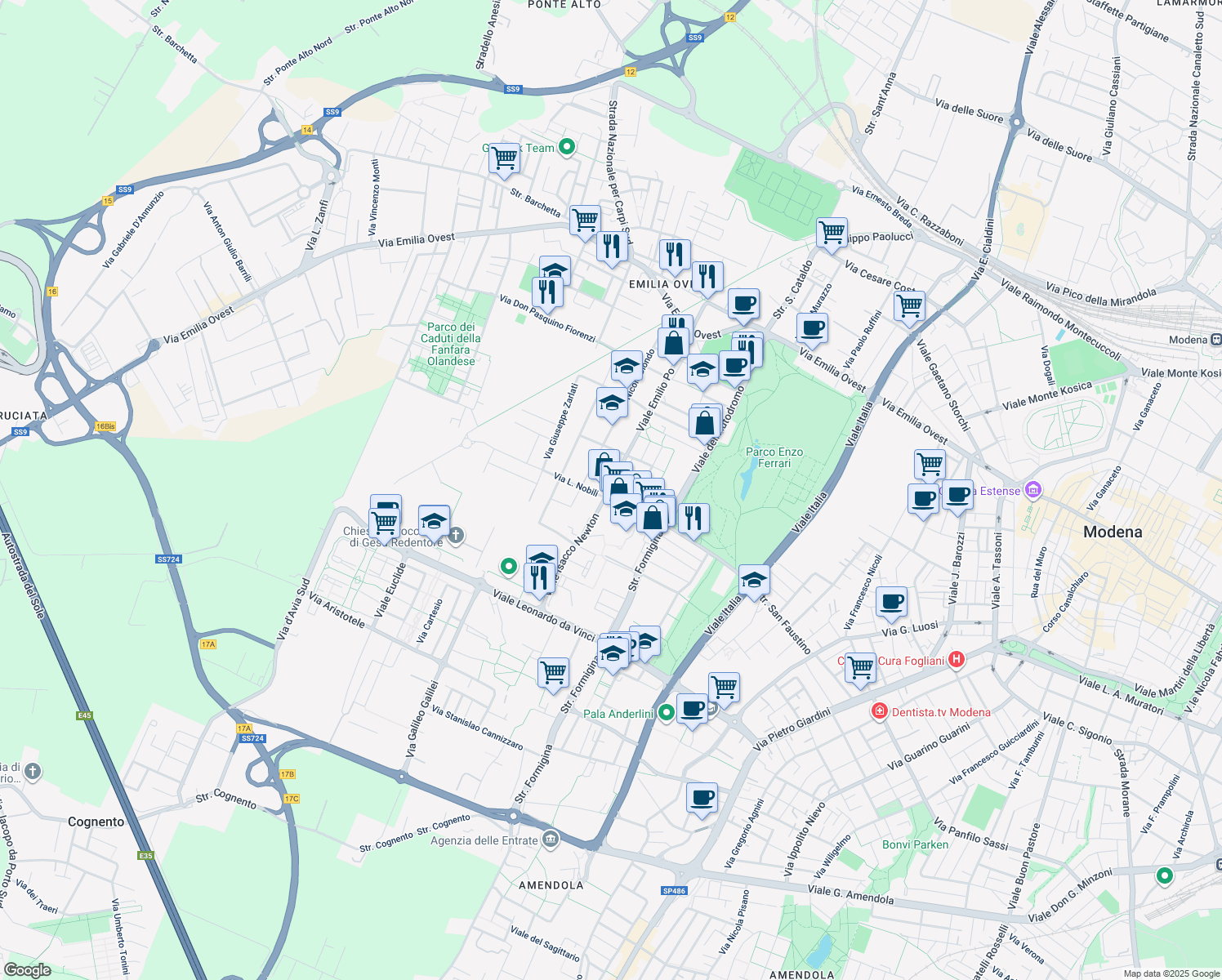 map of restaurants, bars, coffee shops, grocery stores, and more near 417-421 Viale Emilio Po in Modena