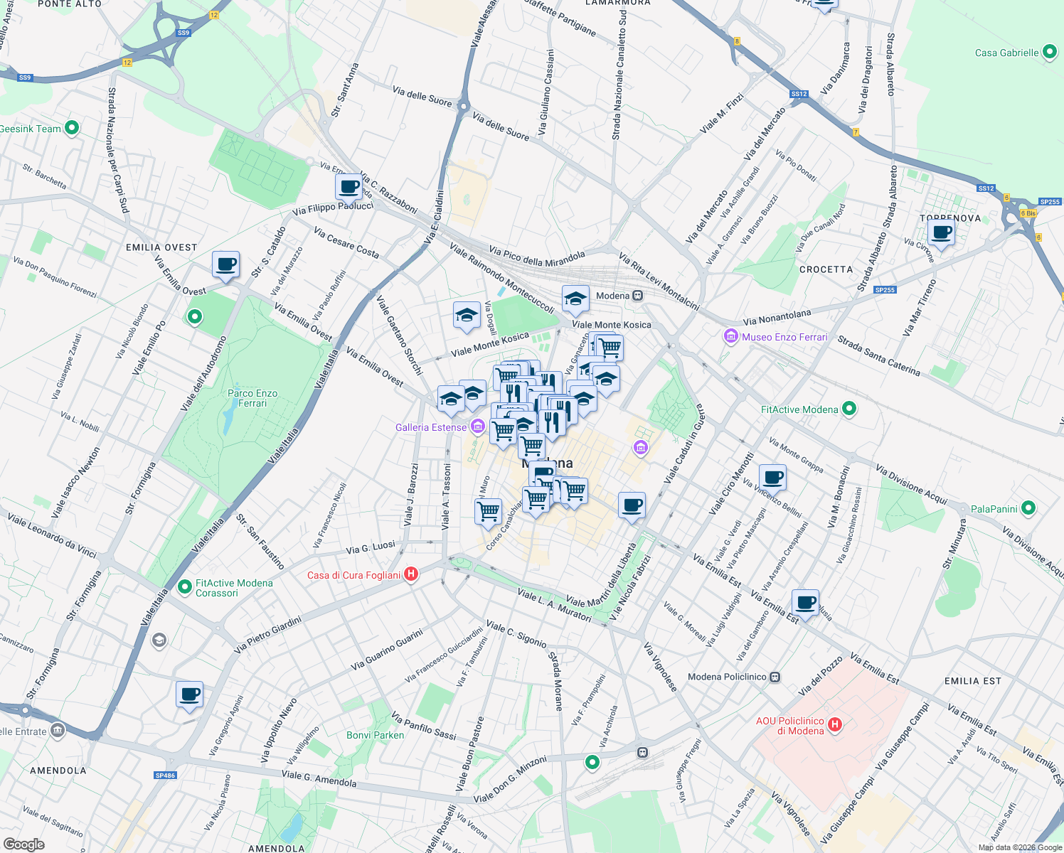 map of restaurants, bars, coffee shops, grocery stores, and more near 1 Piazzale della Pomposa in Modena