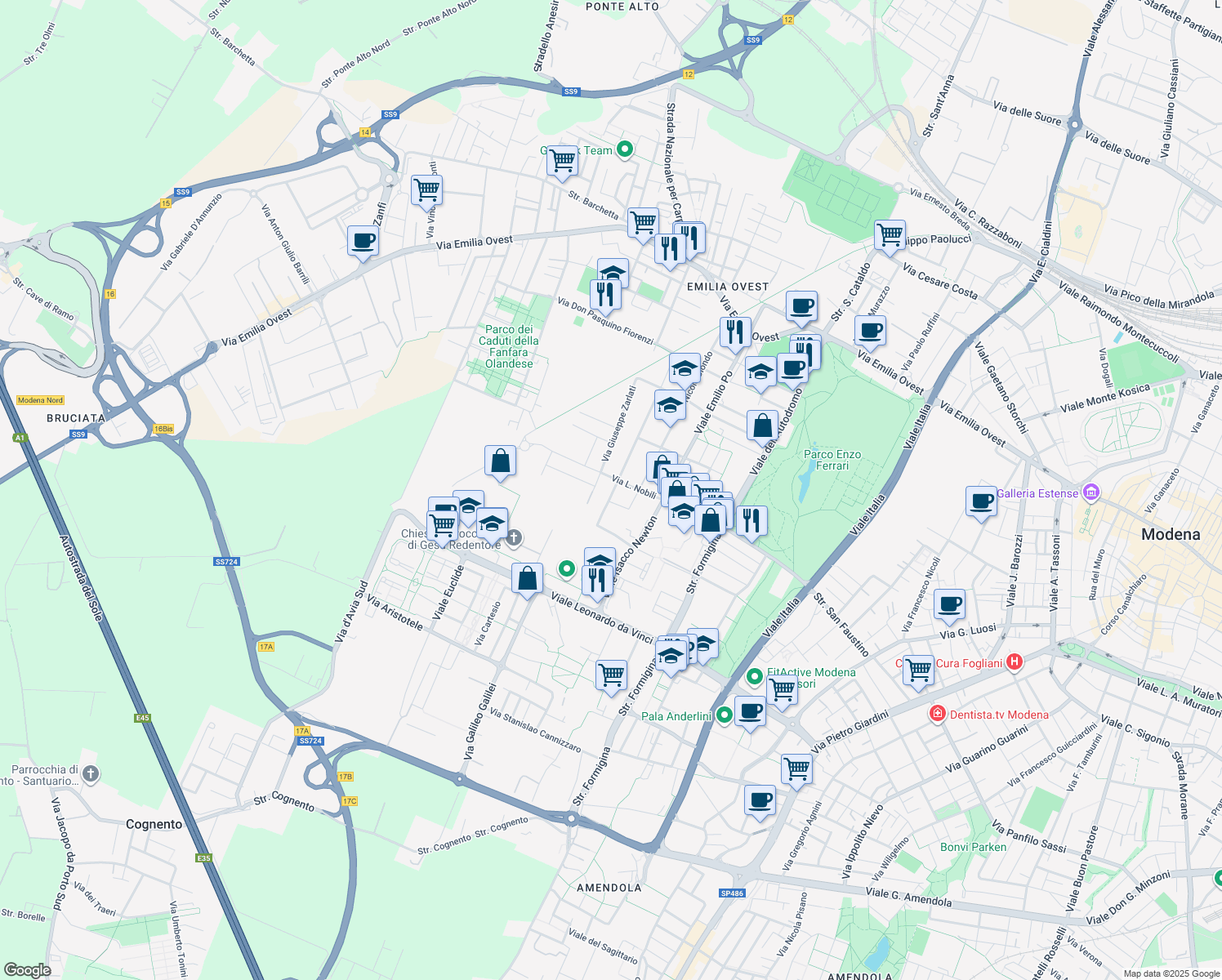 map of restaurants, bars, coffee shops, grocery stores, and more near 199 Via L. Nobili in Modena