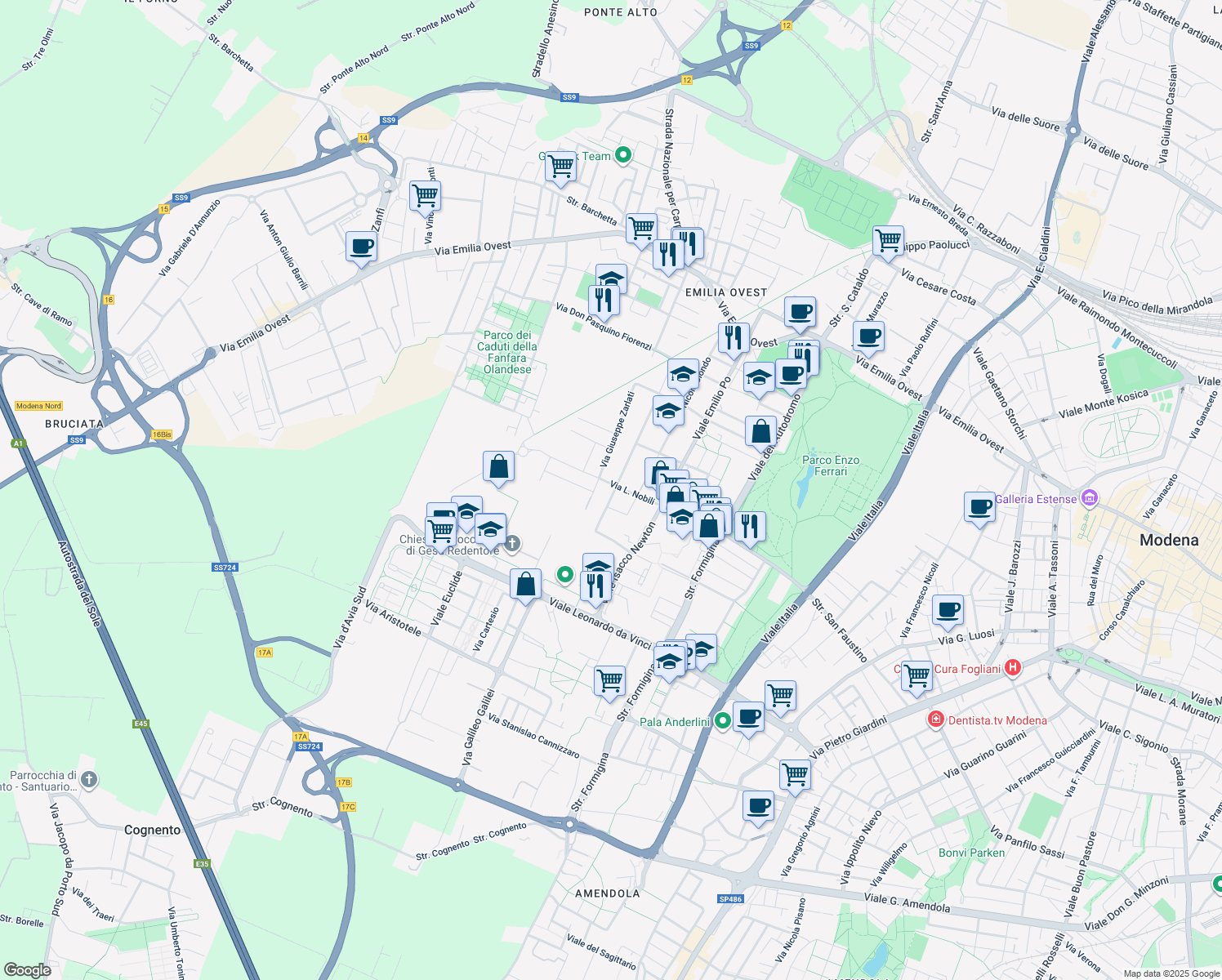 map of restaurants, bars, coffee shops, grocery stores, and more near 199 Via L. Nobili in Modena