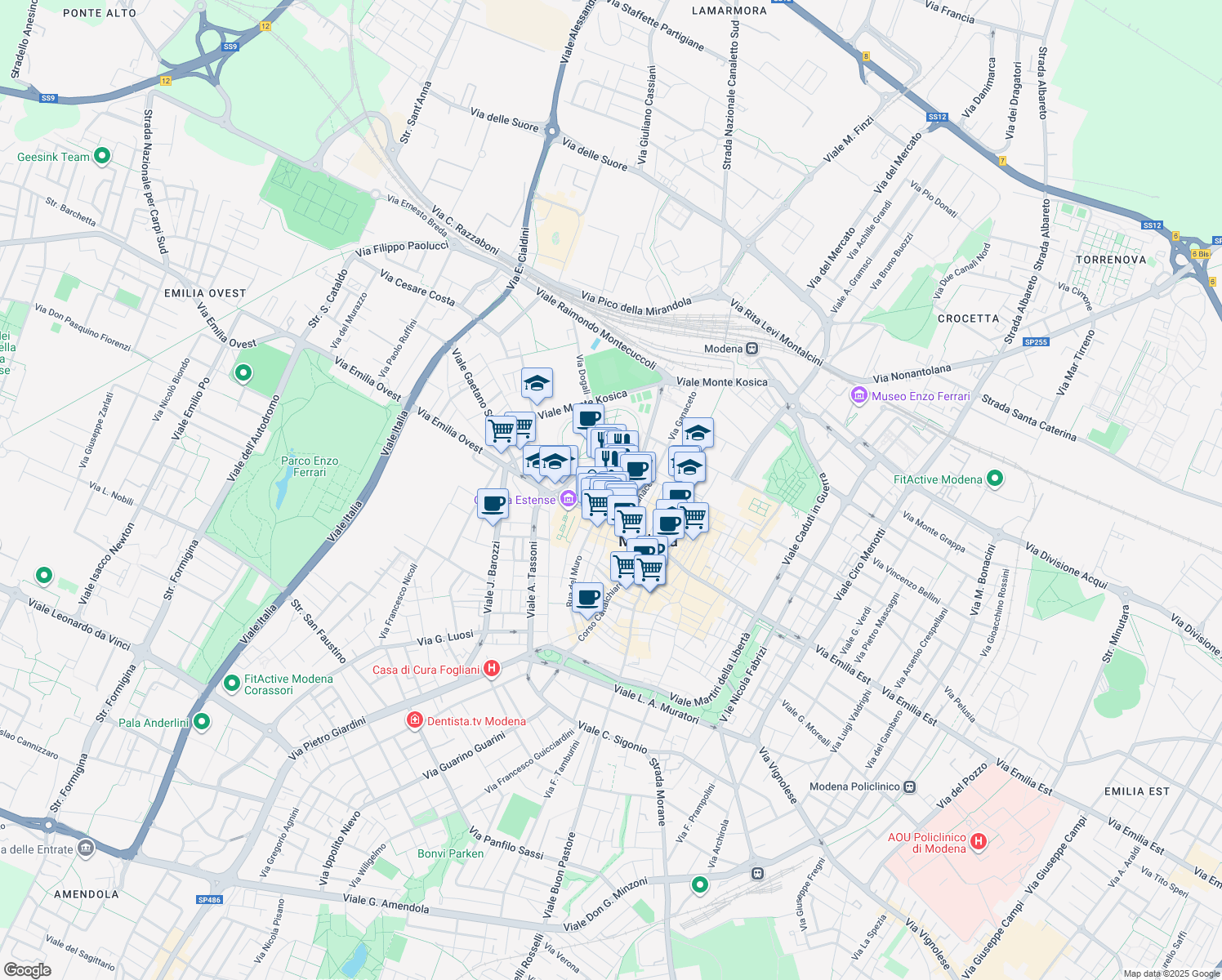 map of restaurants, bars, coffee shops, grocery stores, and more near 21 Via Castel Maraldo in Modena