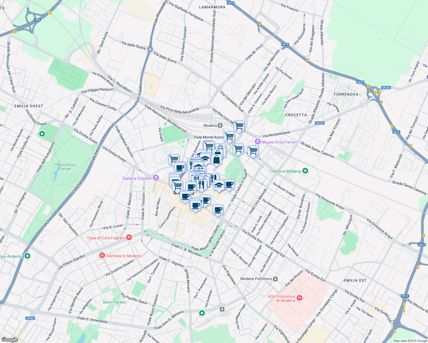 map of restaurants, bars, coffee shops, grocery stores, and more near 9-13 Corso Camillo Benso Cavour in Modena