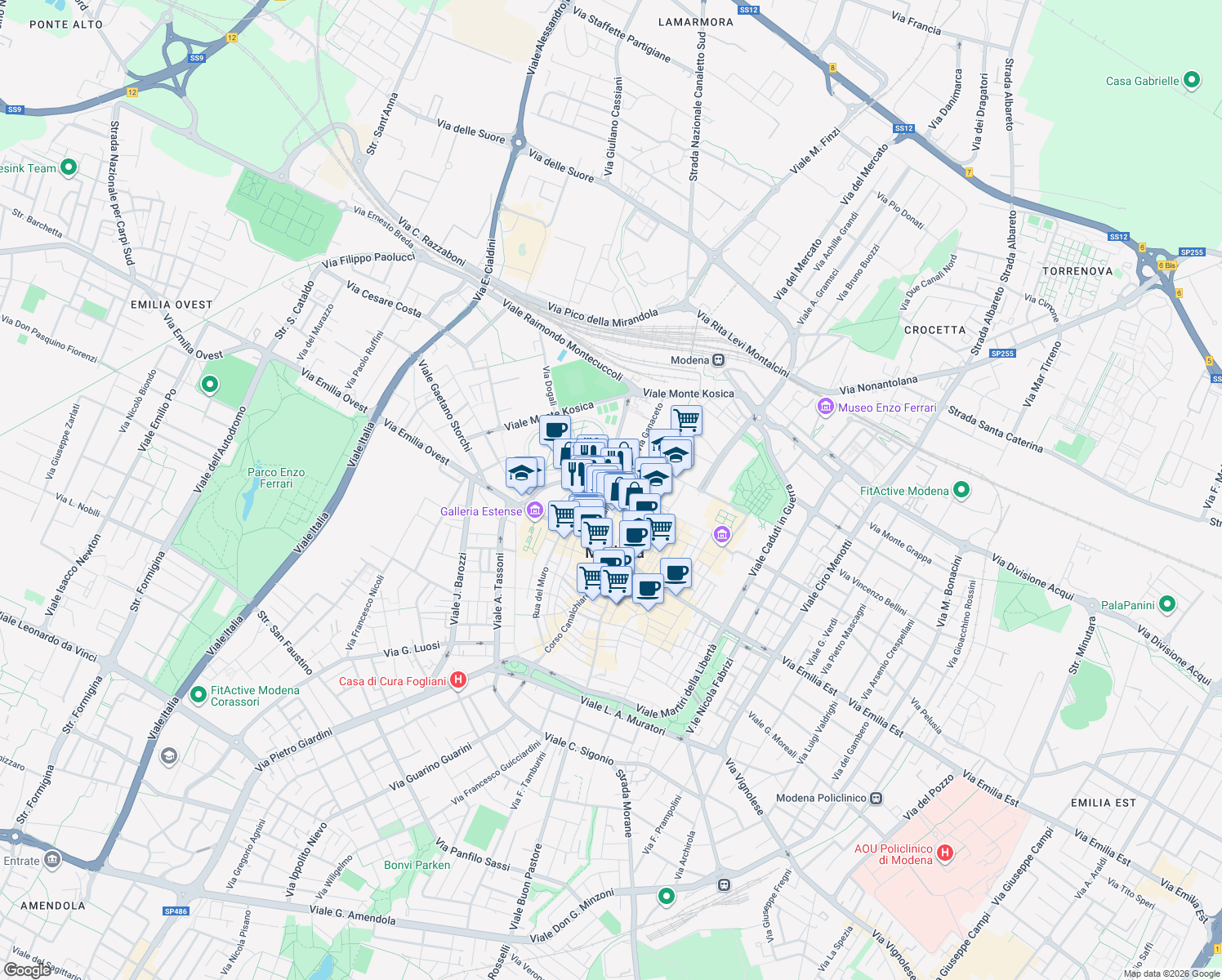 map of restaurants, bars, coffee shops, grocery stores, and more near 1 Piazzale della Pomposa in Modena