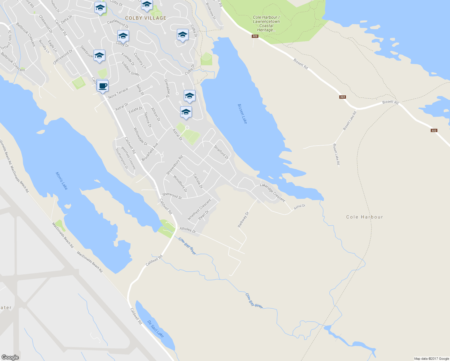 map of restaurants, bars, coffee shops, grocery stores, and more near 389 Astral Drive in Dartmouth