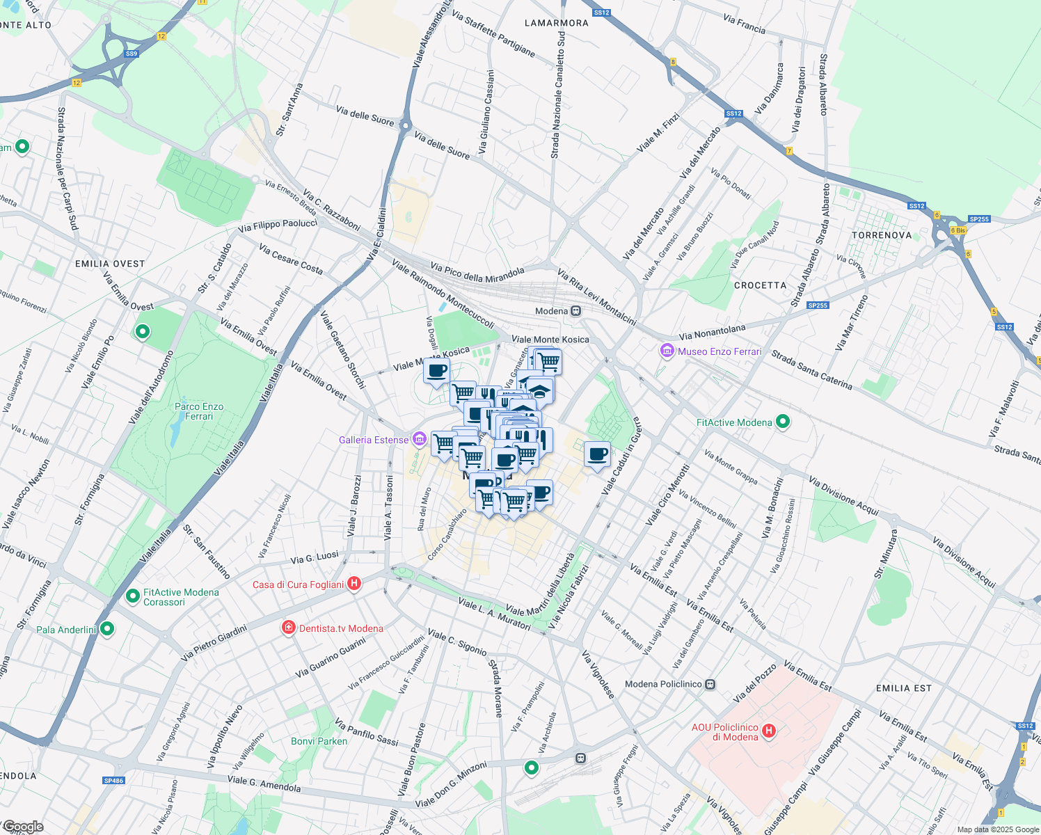 map of restaurants, bars, coffee shops, grocery stores, and more near 6 Via Sgarzeria in Modena