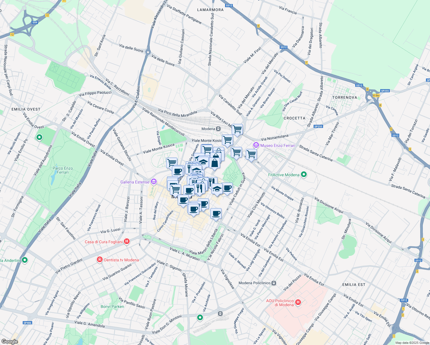 map of restaurants, bars, coffee shops, grocery stores, and more near 13 Corso Camillo Benso Conte di Cavour in Modena
