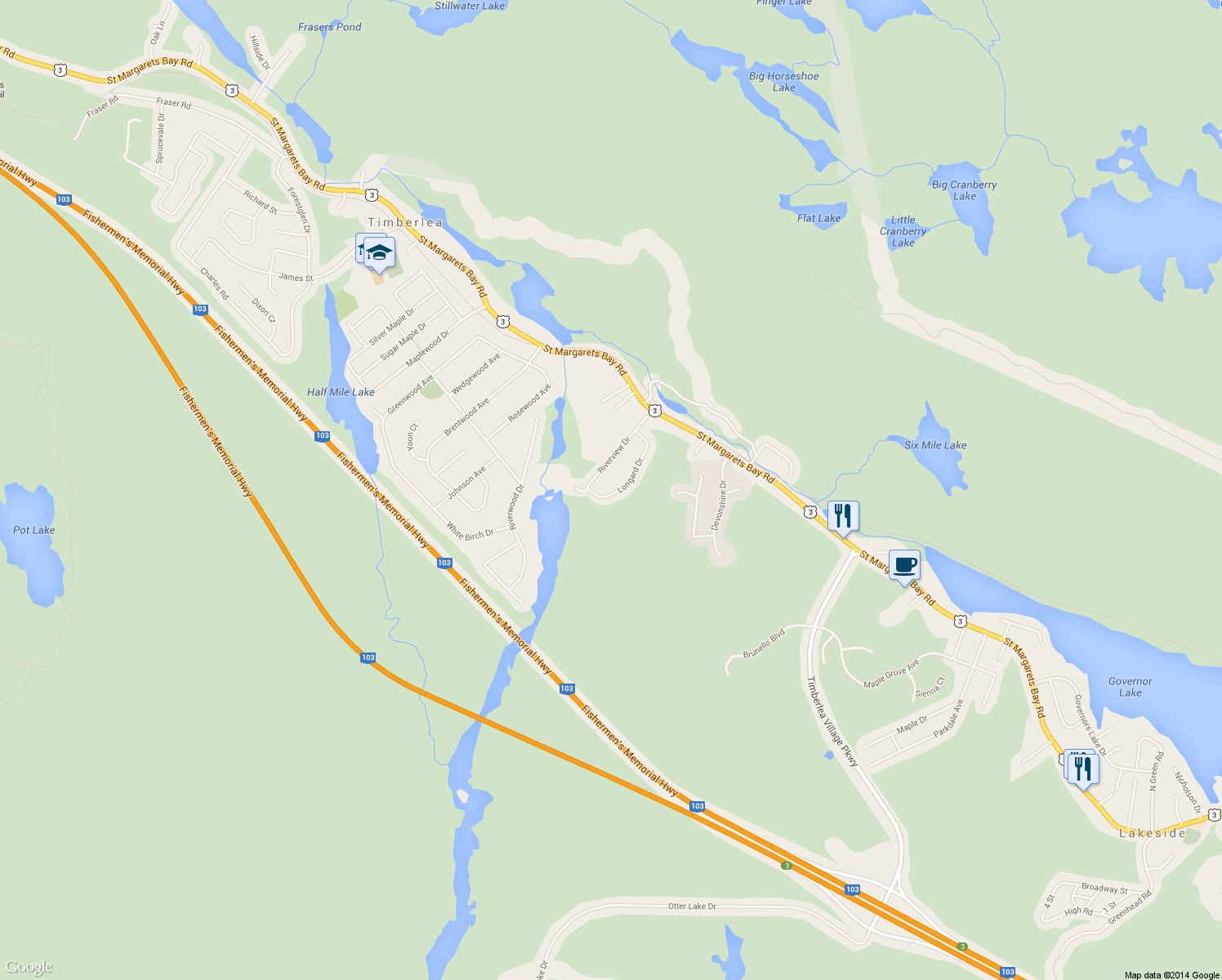 map of restaurants, bars, coffee shops, grocery stores, and more near 71 Longard Drive in Timberlea