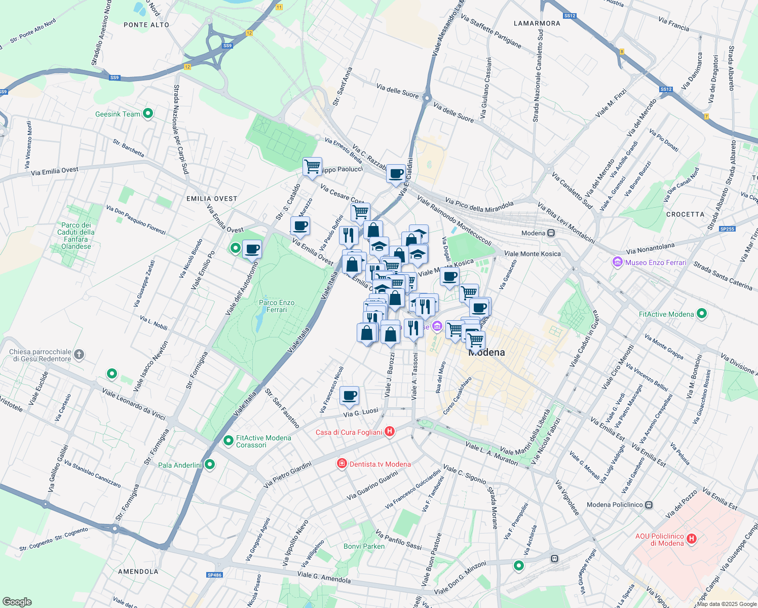 map of restaurants, bars, coffee shops, grocery stores, and more near 197 Via Emilia Ovest in Modena