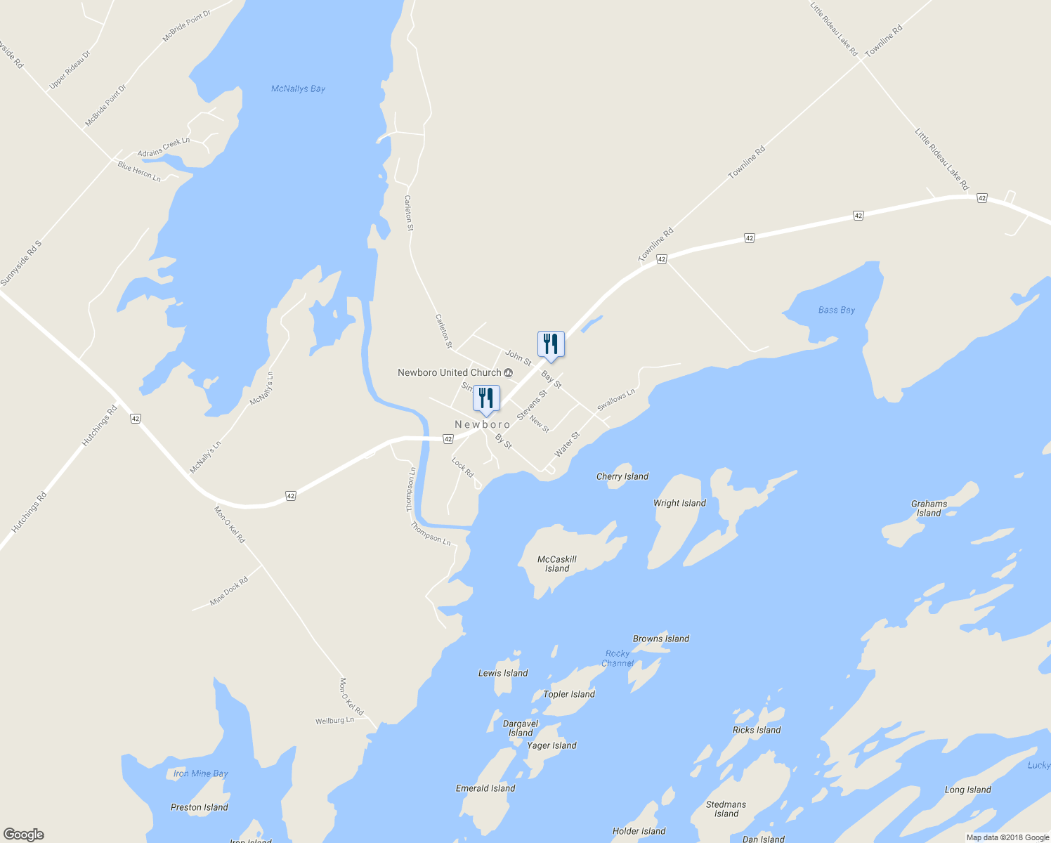 map of restaurants, bars, coffee shops, grocery stores, and more near 8 Stevens Street in Newboro