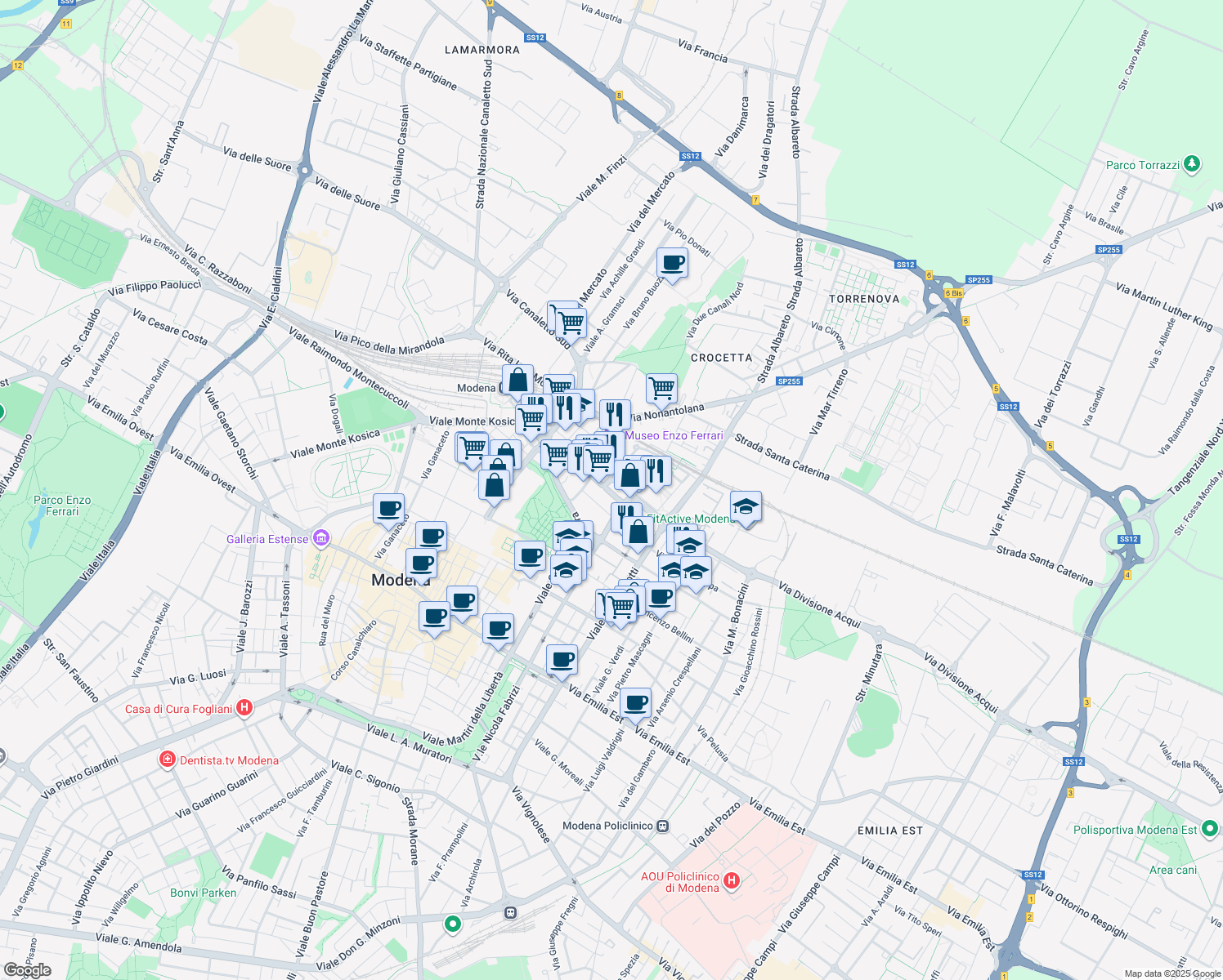 map of restaurants, bars, coffee shops, grocery stores, and more near 85 Via Piave in Modena