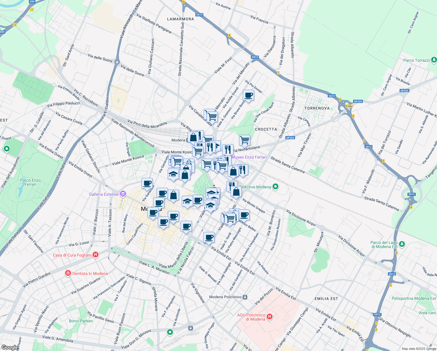 map of restaurants, bars, coffee shops, grocery stores, and more near 16 Via Giovanni Muzzioli in Modena