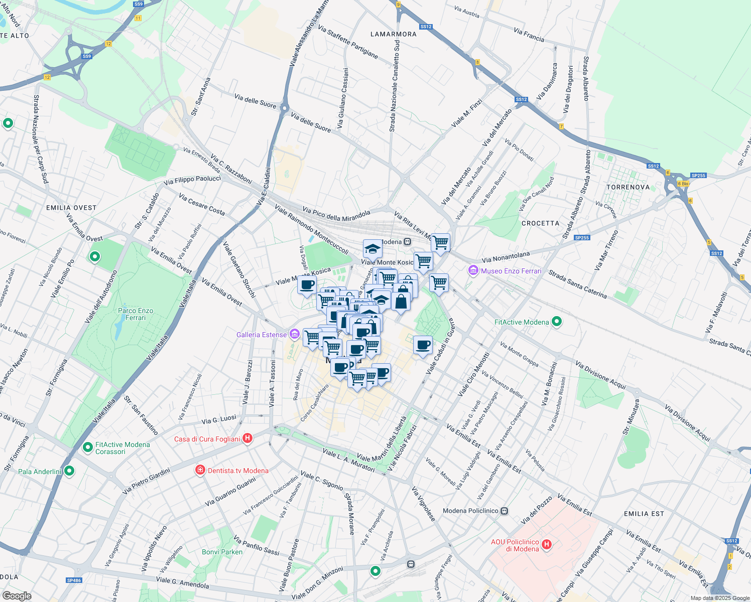 map of restaurants, bars, coffee shops, grocery stores, and more near 6 Via Sgarzeria in Modena