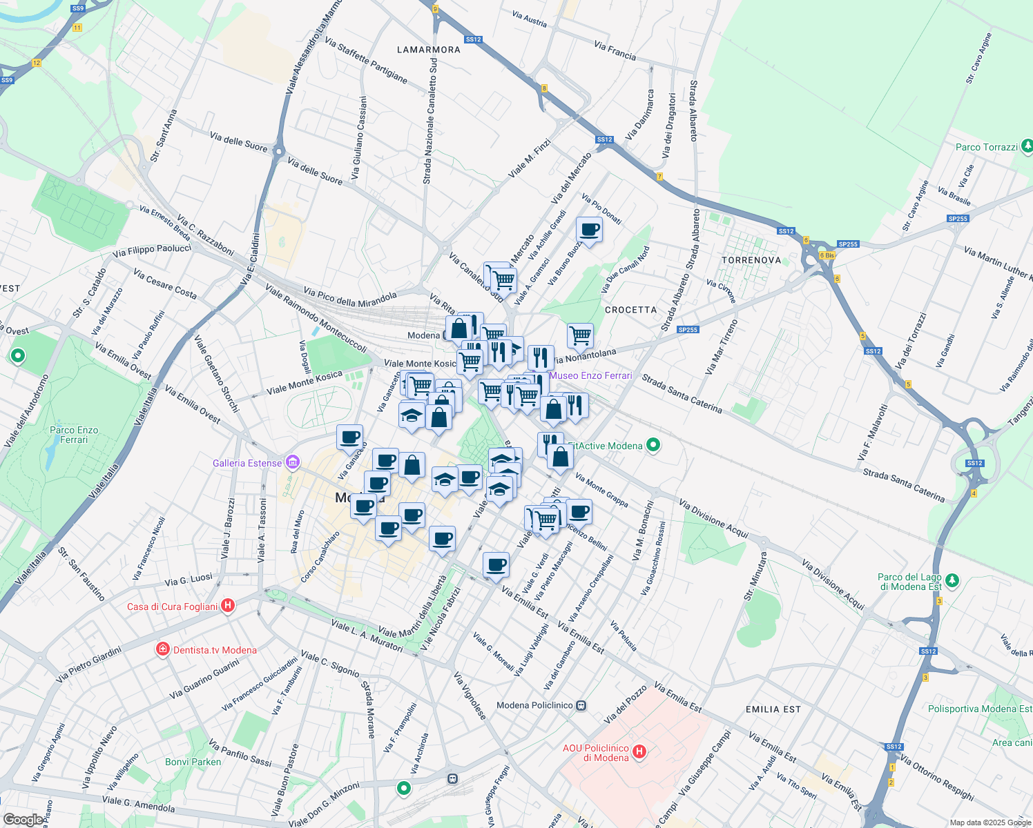 map of restaurants, bars, coffee shops, grocery stores, and more near 16 Via Giovanni Muzzioli in Modena