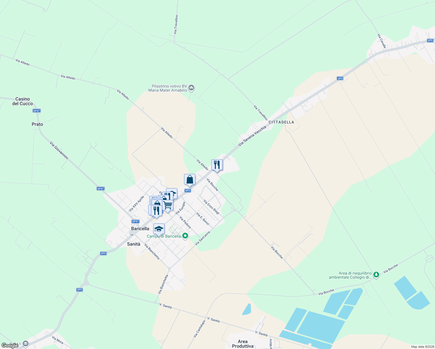 map of restaurants, bars, coffee shops, grocery stores, and more near 65 Via Savena Vecchia in Baricella