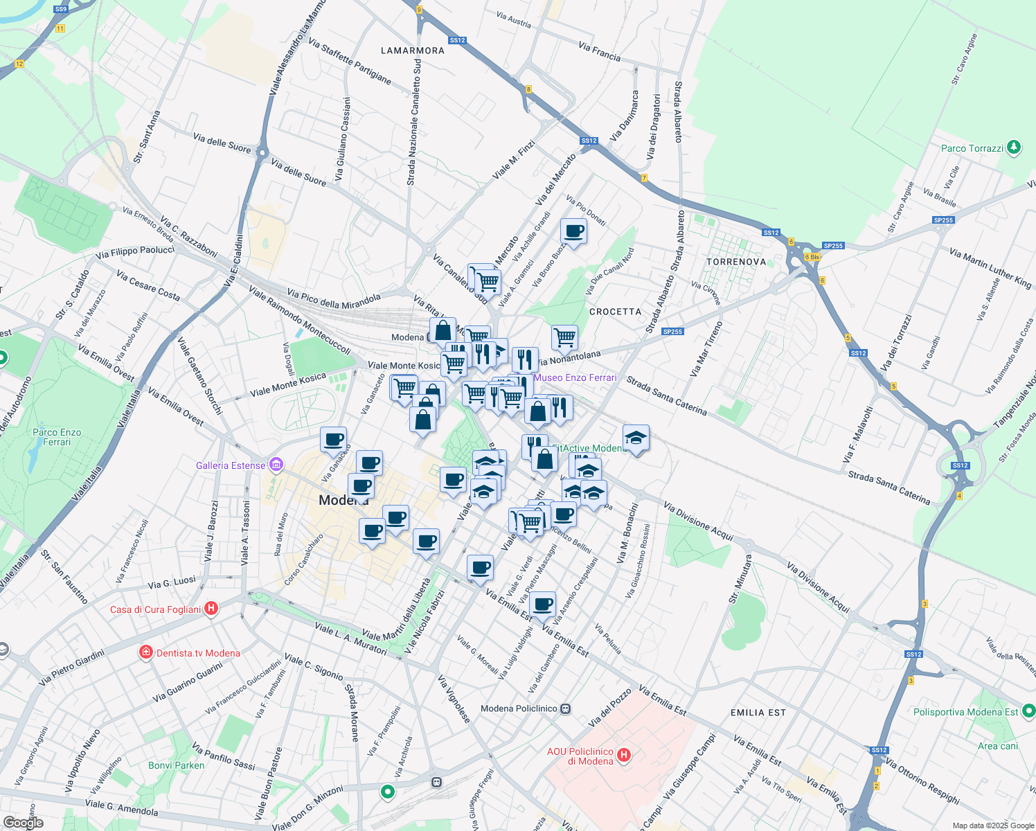 map of restaurants, bars, coffee shops, grocery stores, and more near 85 Via Piave in Modena