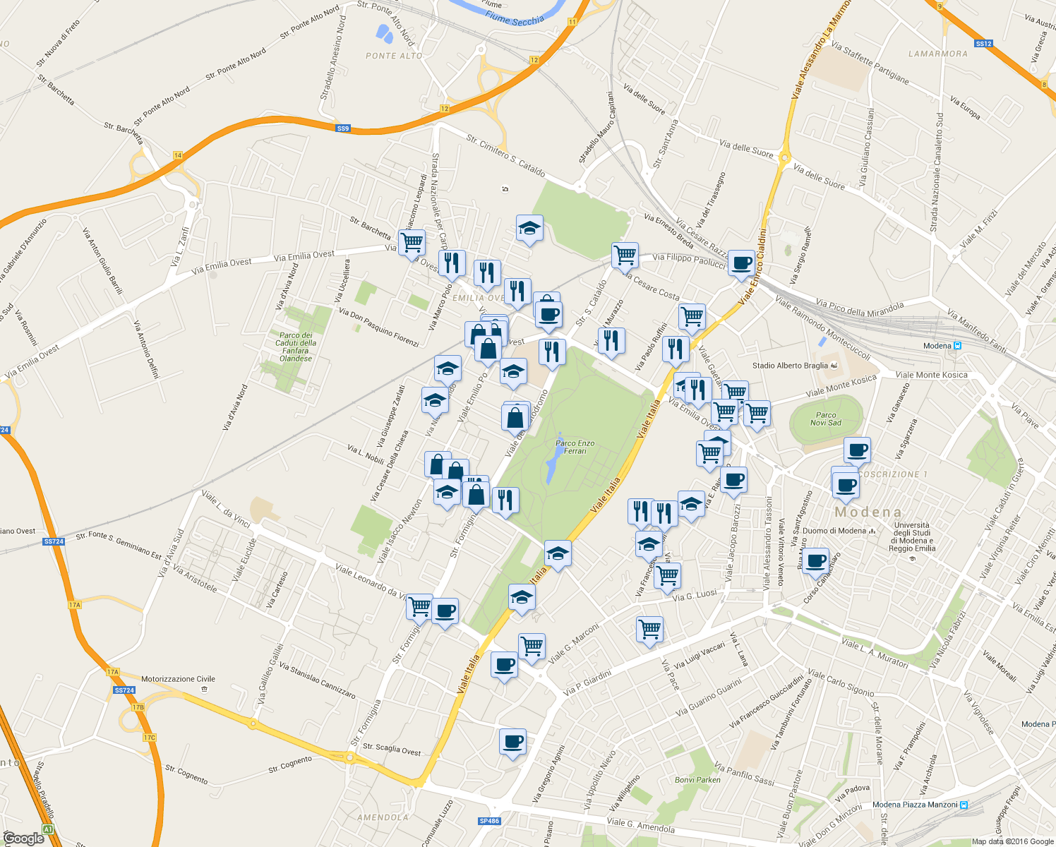 map of restaurants, bars, coffee shops, grocery stores, and more near Viale dell'Autodromo in Modena