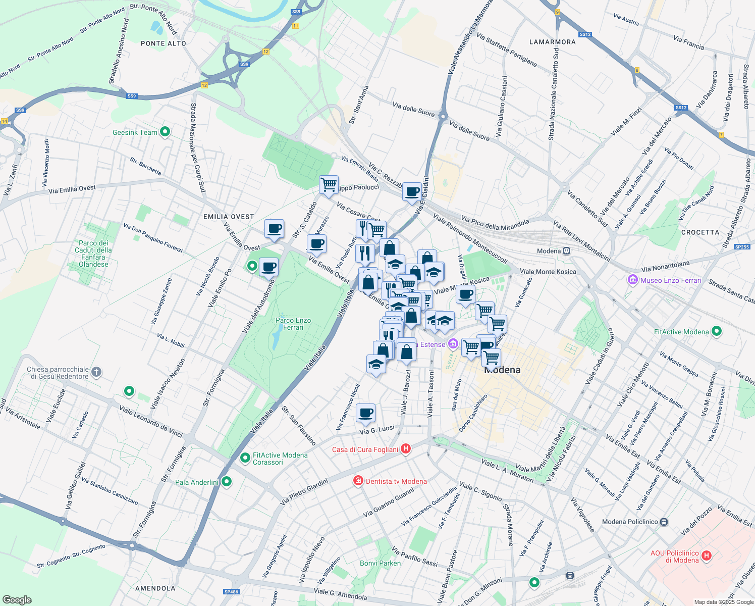 map of restaurants, bars, coffee shops, grocery stores, and more near 197 Via Emilia Ovest in Modena