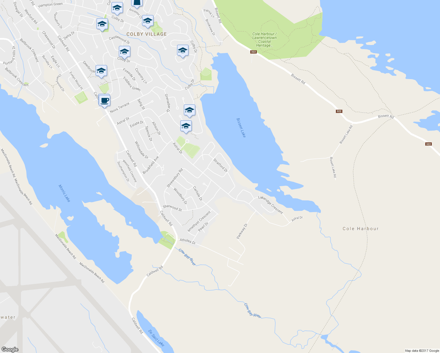 map of restaurants, bars, coffee shops, grocery stores, and more near 158 Pinewood Crescent in Dartmouth