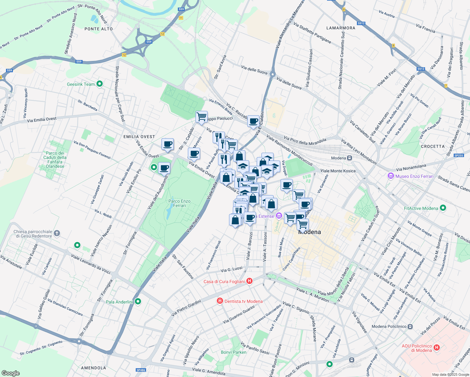 map of restaurants, bars, coffee shops, grocery stores, and more near 200 Via Emilia Ovest in Modena