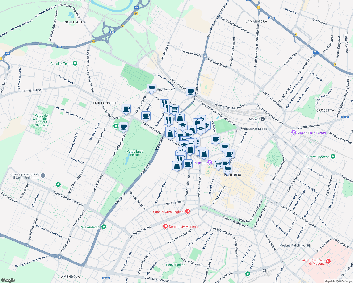 map of restaurants, bars, coffee shops, grocery stores, and more near 200 Via Emilia Ovest in Modena