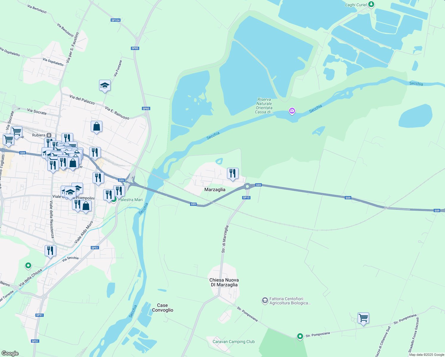 map of restaurants, bars, coffee shops, grocery stores, and more near 14 Via Renzo Reggiani in Marzaglia