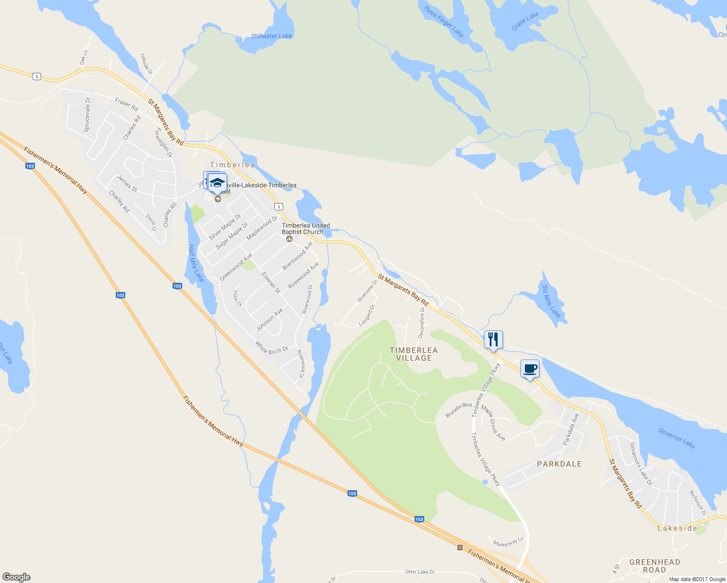 map of restaurants, bars, coffee shops, grocery stores, and more near 29 Riverview Drive in Timberlea