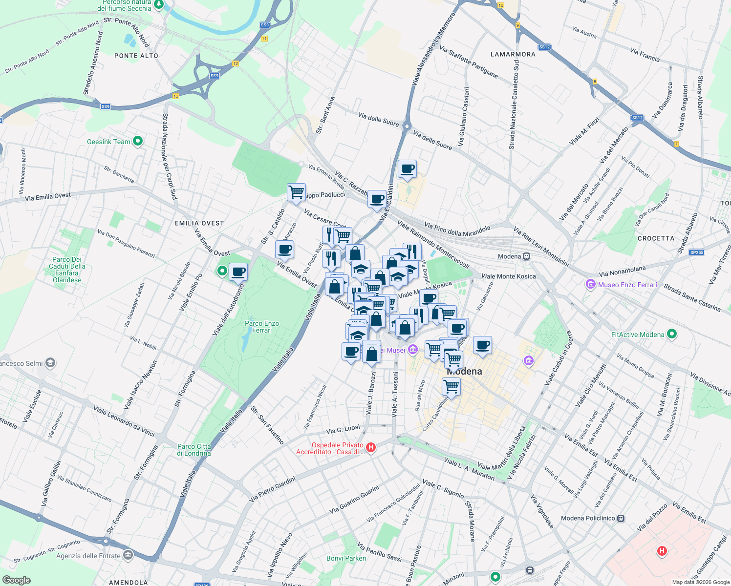 map of restaurants, bars, coffee shops, grocery stores, and more near 52 Viale Gaetano Storchi in Modena